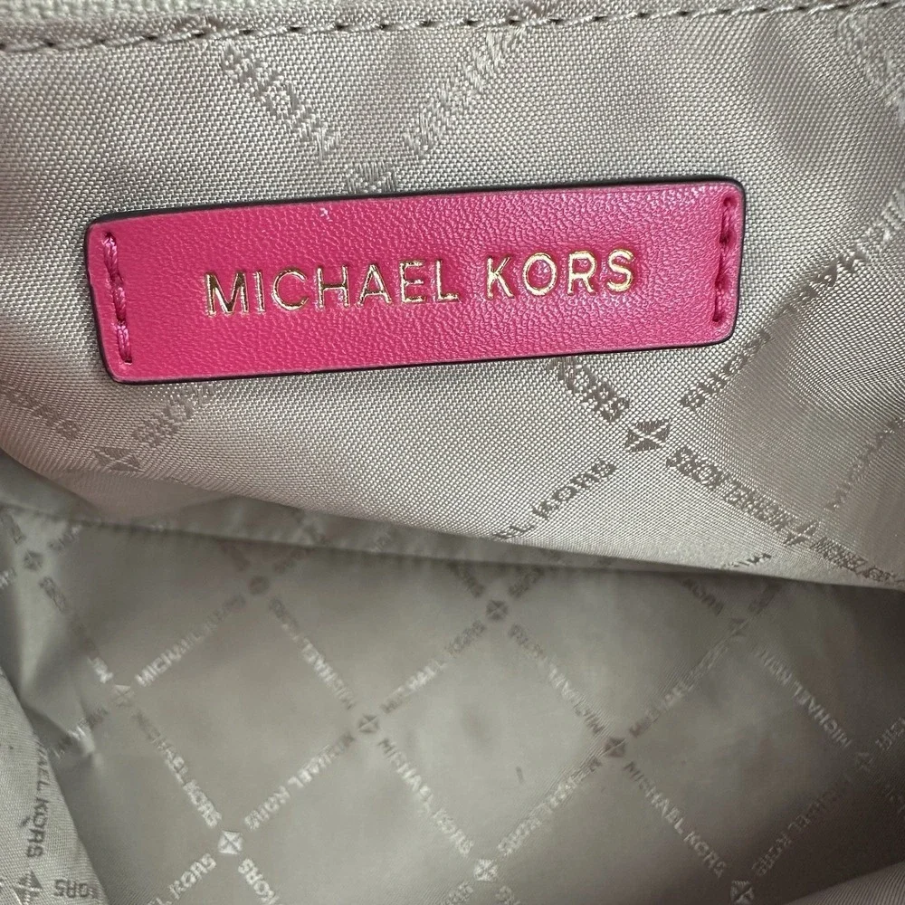 Michael Kors Jet Set Pink East West Medium Top Zip Signature Logo Leather Tote